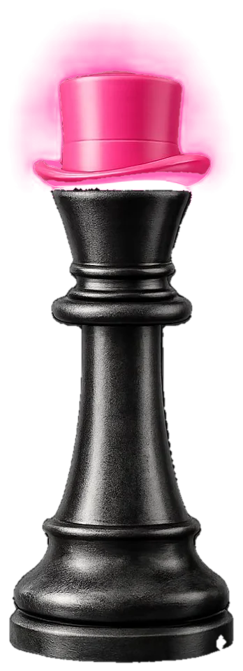 Black chess king wearing a pink Monopoly top hat