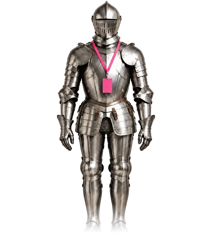A suit of armour wearing a pink conference lanyard