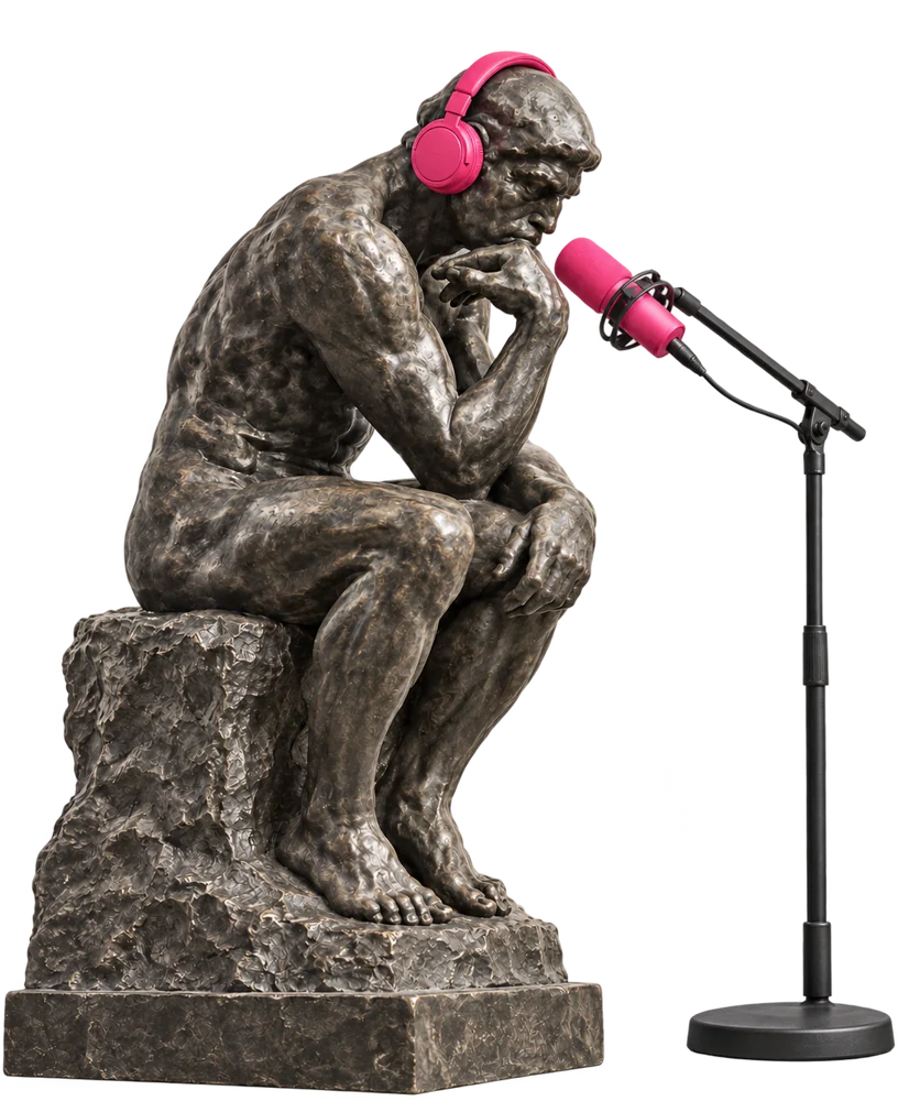 Rodin's Thinker wearing pink headphones at a pink microphone