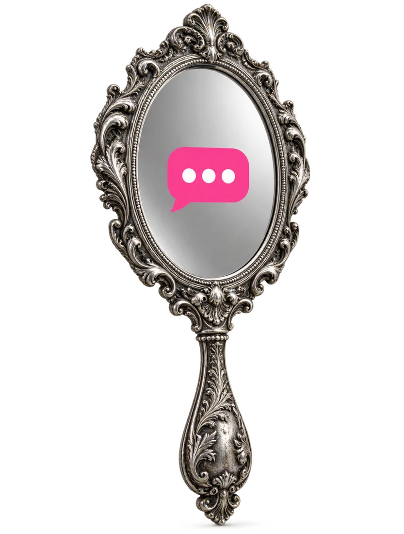 An ornate antique silver hand mirror showing a pink chat bubble